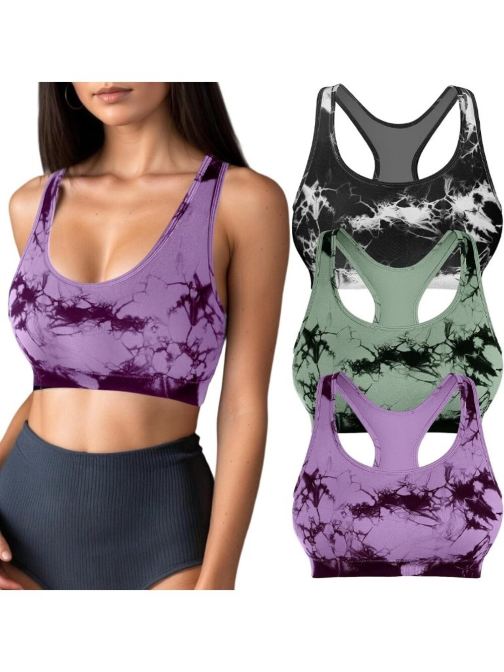 3 Pack Tie Dye Racerback Sports Bras - Padded High Support Athletic Bralette for